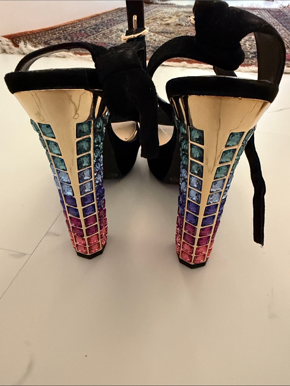 Black Suede Platform heels with Multicolor Gem Block Heel - Picture 3 of 6
